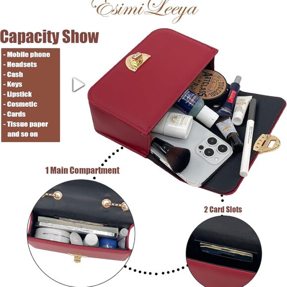 Red Mini Handbag with Golden Chain Crossbody for Women - Twist Lock, Spacious, V - Picture 4 of 6